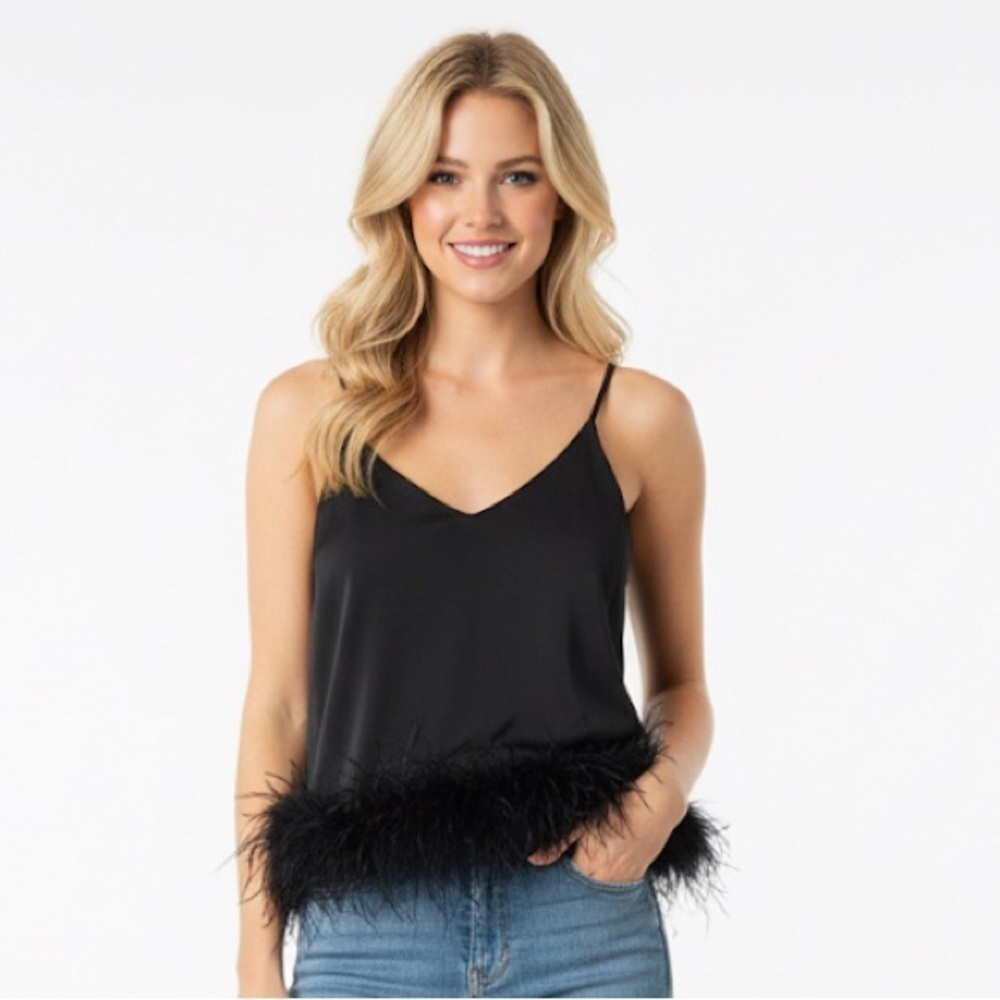 Entro black top with faux feather hem size medium
